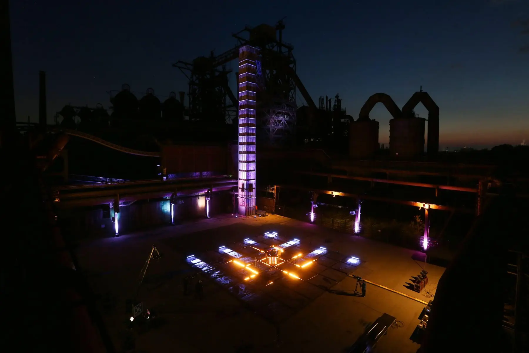 Aerial night view of a video production at Landschaftspark Duisburg-Nord
