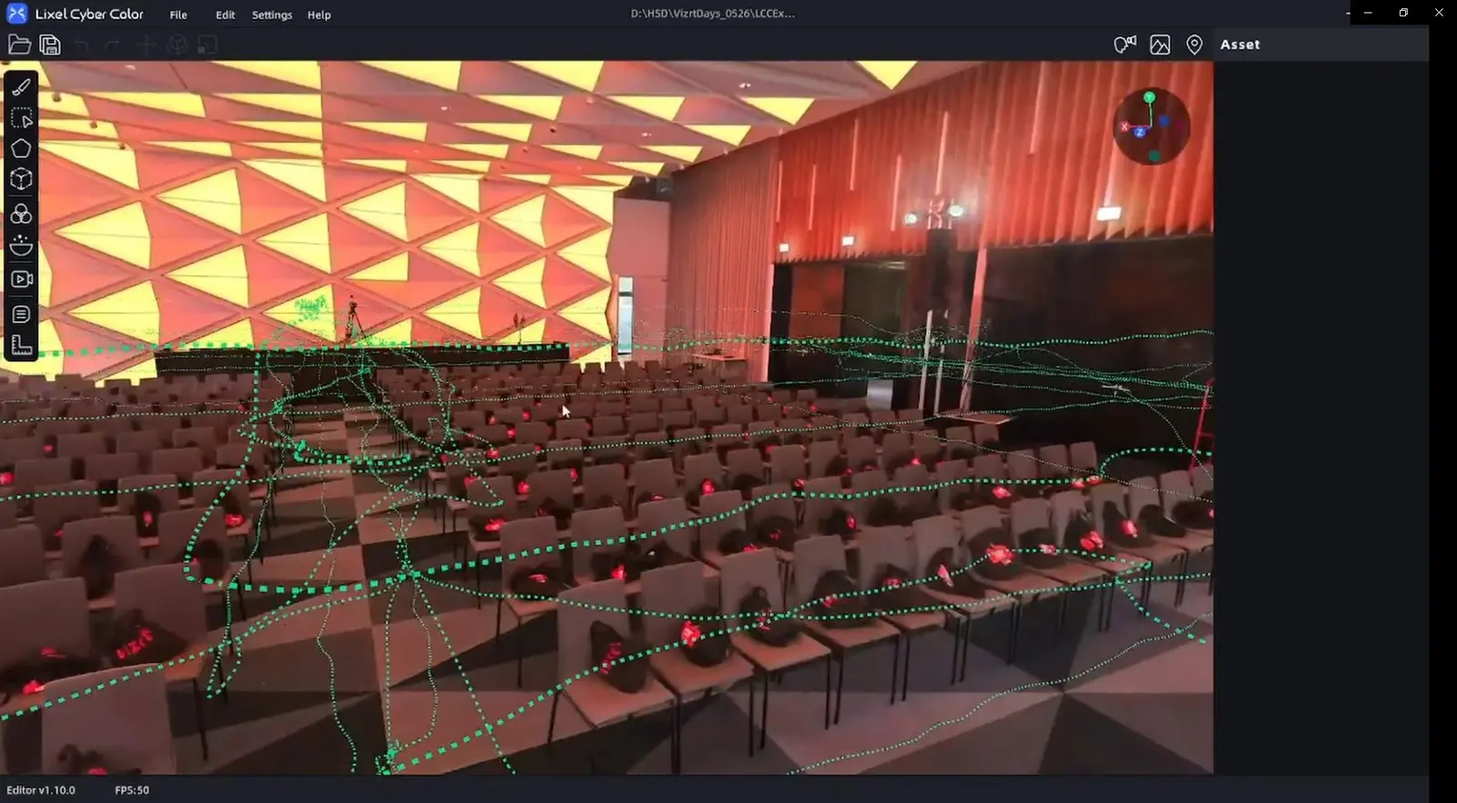 Real-time tracking view of a reconstructed conference hall